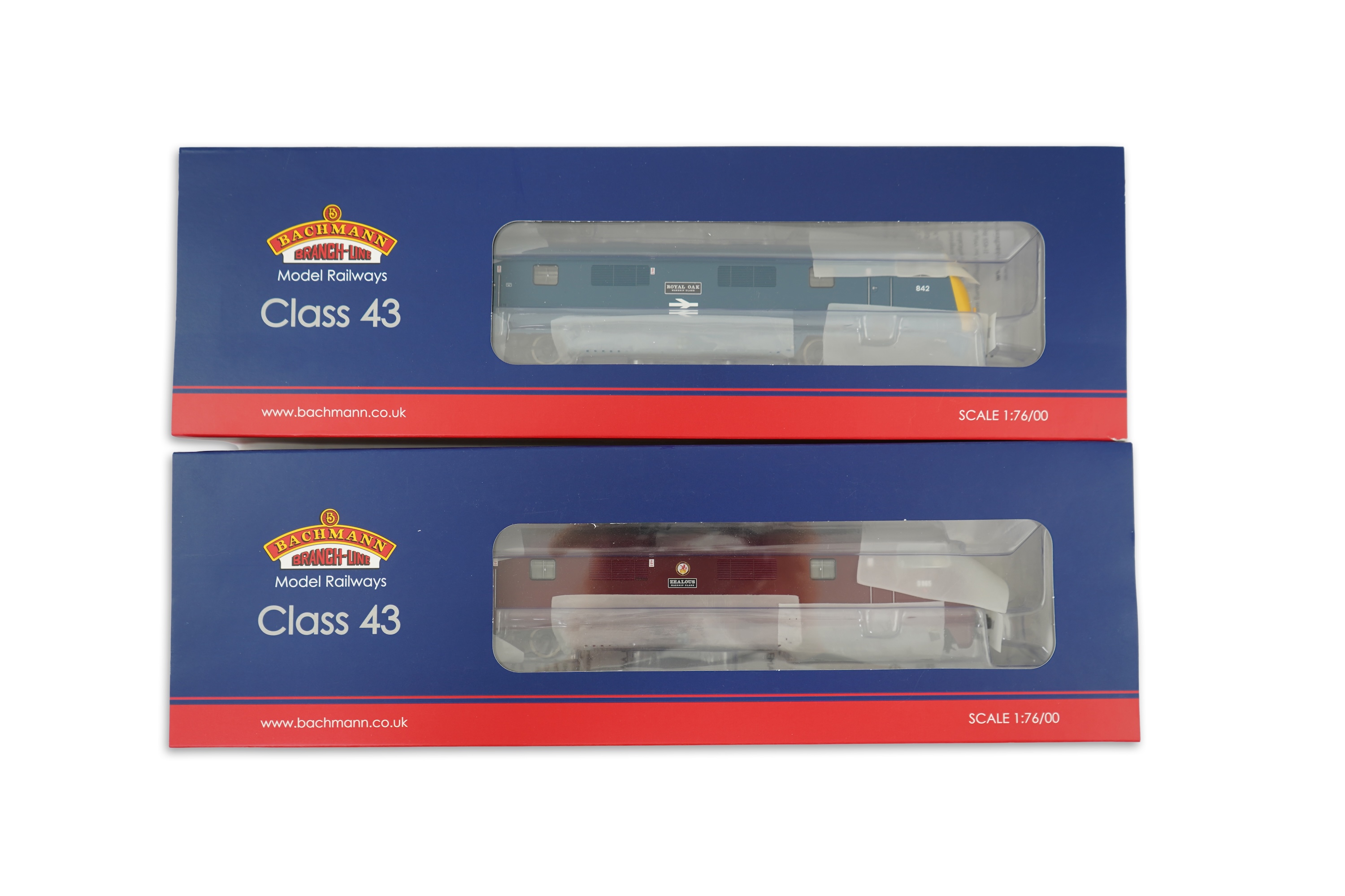 Two boxed Heljan 00 gauge railway BR Class 43 Bo-Bo Warship diesel-hydraulic locomotives; Zealous D865 (32-065) and Royal Oak 842 (32-067)
